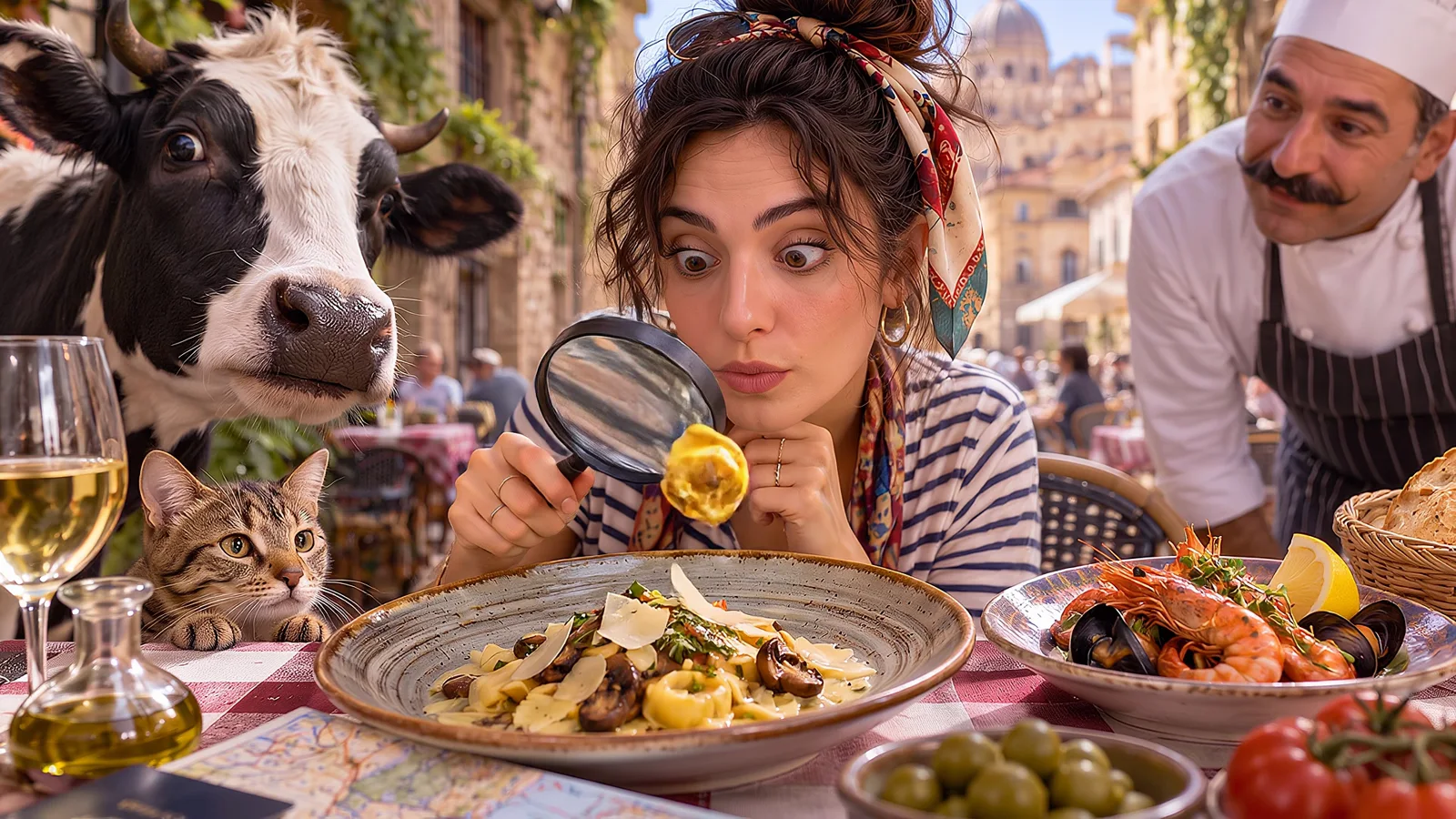 תיירת יושבת במסעדה בכיכר אירופית ובוחנת צלחת פסטה דרך זכוכית מגדלת, לידה צלחת שרימפס ומולים, ומאחוריה מציצים פרה, חתול והשף